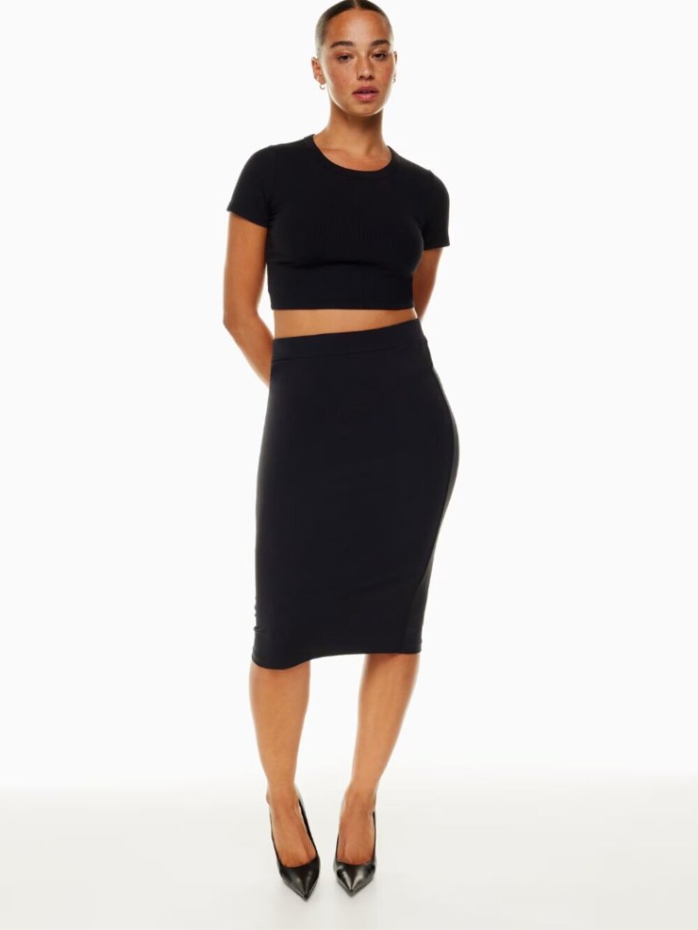 Babaton Black Elastic Waist Knee Length Contour Pencil Skirt